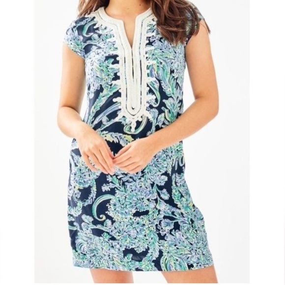 Lilly Pulitzer Dresses & Skirts - Lilly Pulitzer Madia Tunic Blue Dress Women Size L Coastal Nautical Floral Rayon